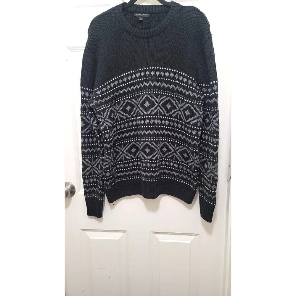 Banana Republic Sweater Mens Large Black Gray Fair Isle Wool Blend Knit Crewneck